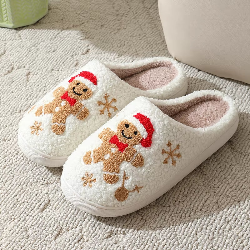 Christmas Women Slippers Cute Gingerbread Winter Warm Slides Couple Houseshoes Men Bedroom Flat Soft Sole Home Shoes for Gift