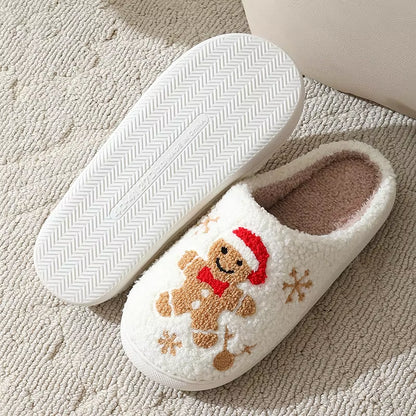 Christmas Women Slippers Cute Gingerbread Winter Warm Slides Couple Houseshoes Men Bedroom Flat Soft Sole Home Shoes for Gift