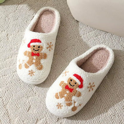 Christmas Women Slippers Cute Gingerbread Winter Warm Slides Couple Houseshoes Men Bedroom Flat Soft Sole Home Shoes for Gift