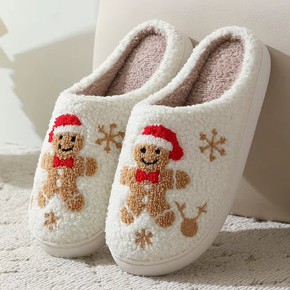 Christmas Women Slippers Cute Gingerbread Winter Warm Slides Couple Houseshoes Men Bedroom Flat Soft Sole Home Shoes for Gift